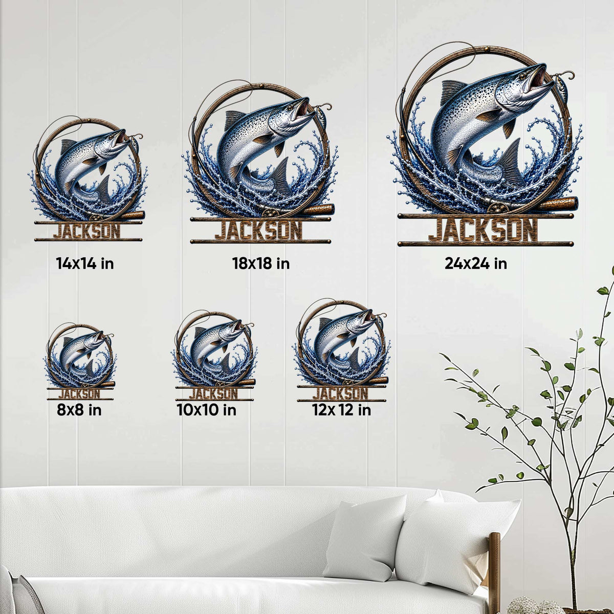 Fishing metal sign size guide showing the artwork in six sizes from 8 by 8 to 24 by 24 inches