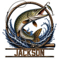 Pike fishing metal sign featuring a leaping fish, fishing rod, lure, splashing water, and rustic wood-style accents