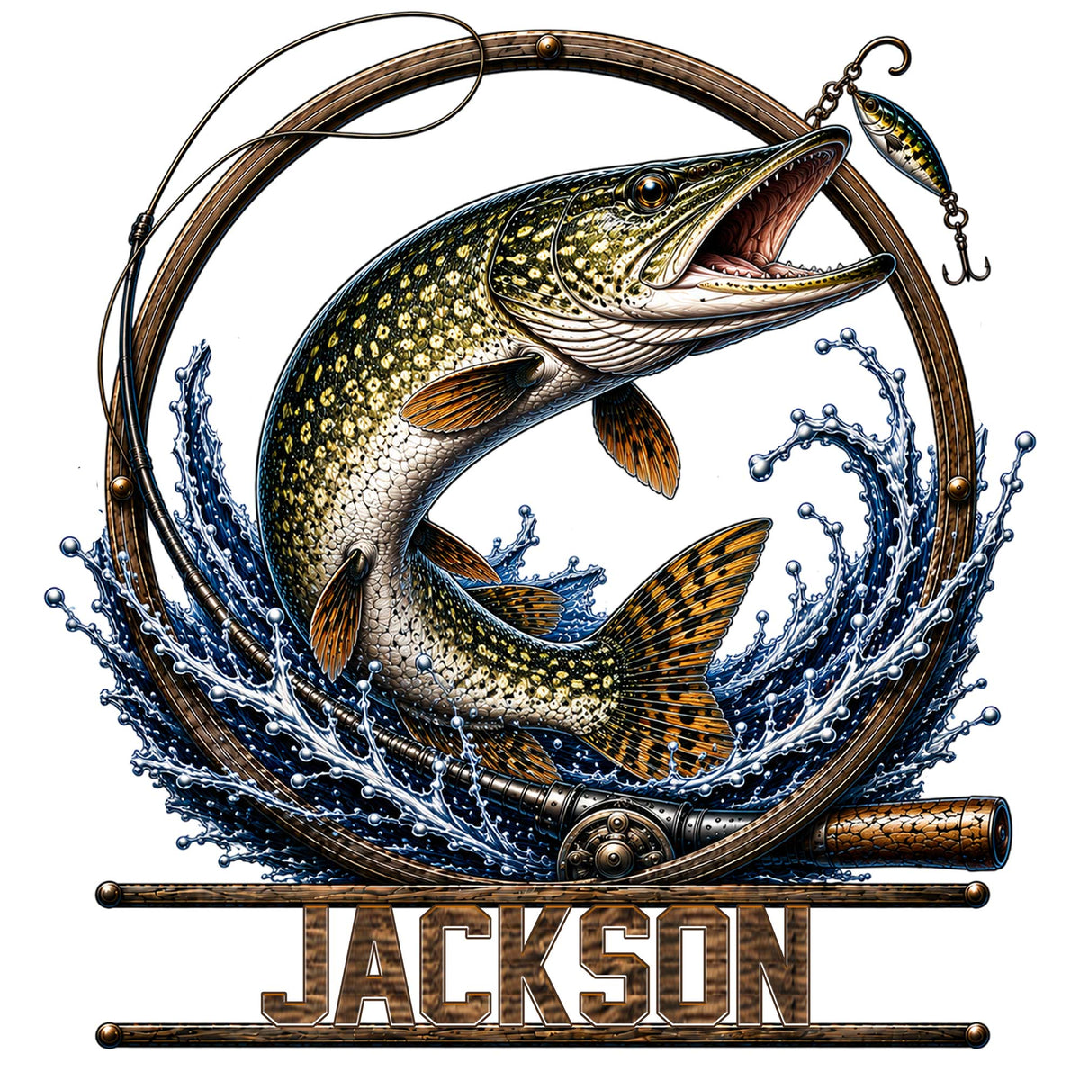 Pike fishing metal sign featuring a leaping fish, fishing rod, lure, splashing water, and rustic wood-style accents
