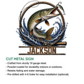 Cut metal pike fishing sign feature graphic showing the fish artwork with indoor and outdoor use details