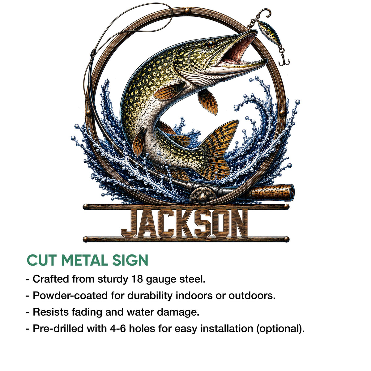 Cut metal pike fishing sign feature graphic showing the fish artwork with indoor and outdoor use details