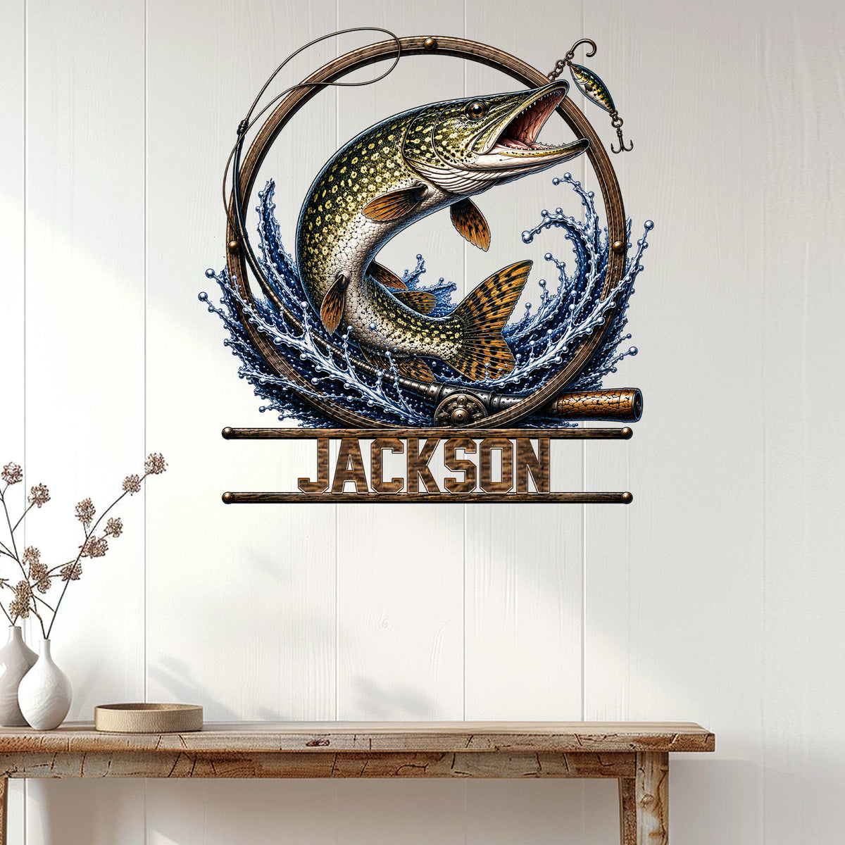 Pike fishing wall sign displayed on a light wood wall above a rustic console table