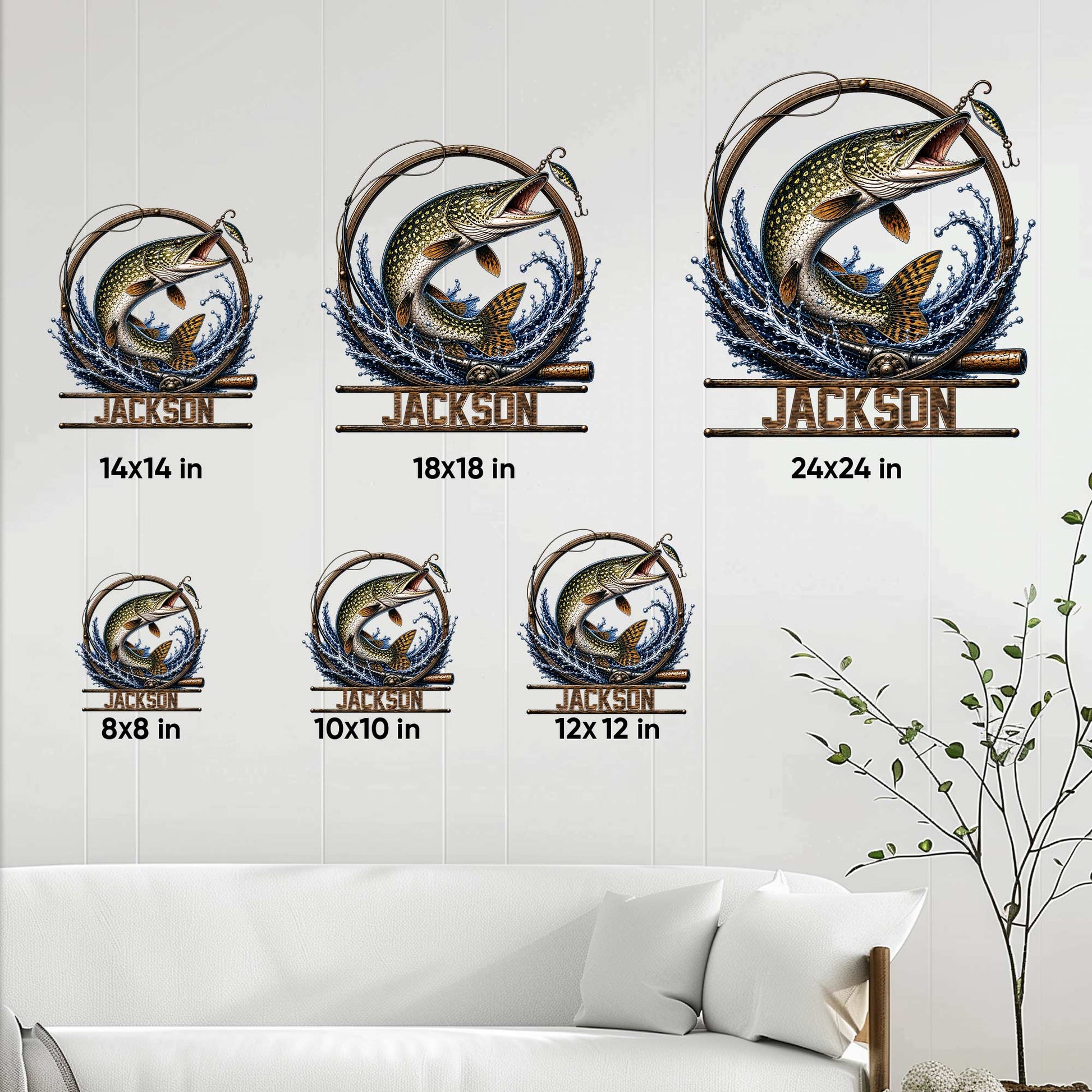 Pike fishing metal sign size guide showing six square size options from 8x8 to 24x24 inches