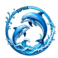 Blue dolphin metal sign featuring two dolphins leaping through ocean waves in a circular water design