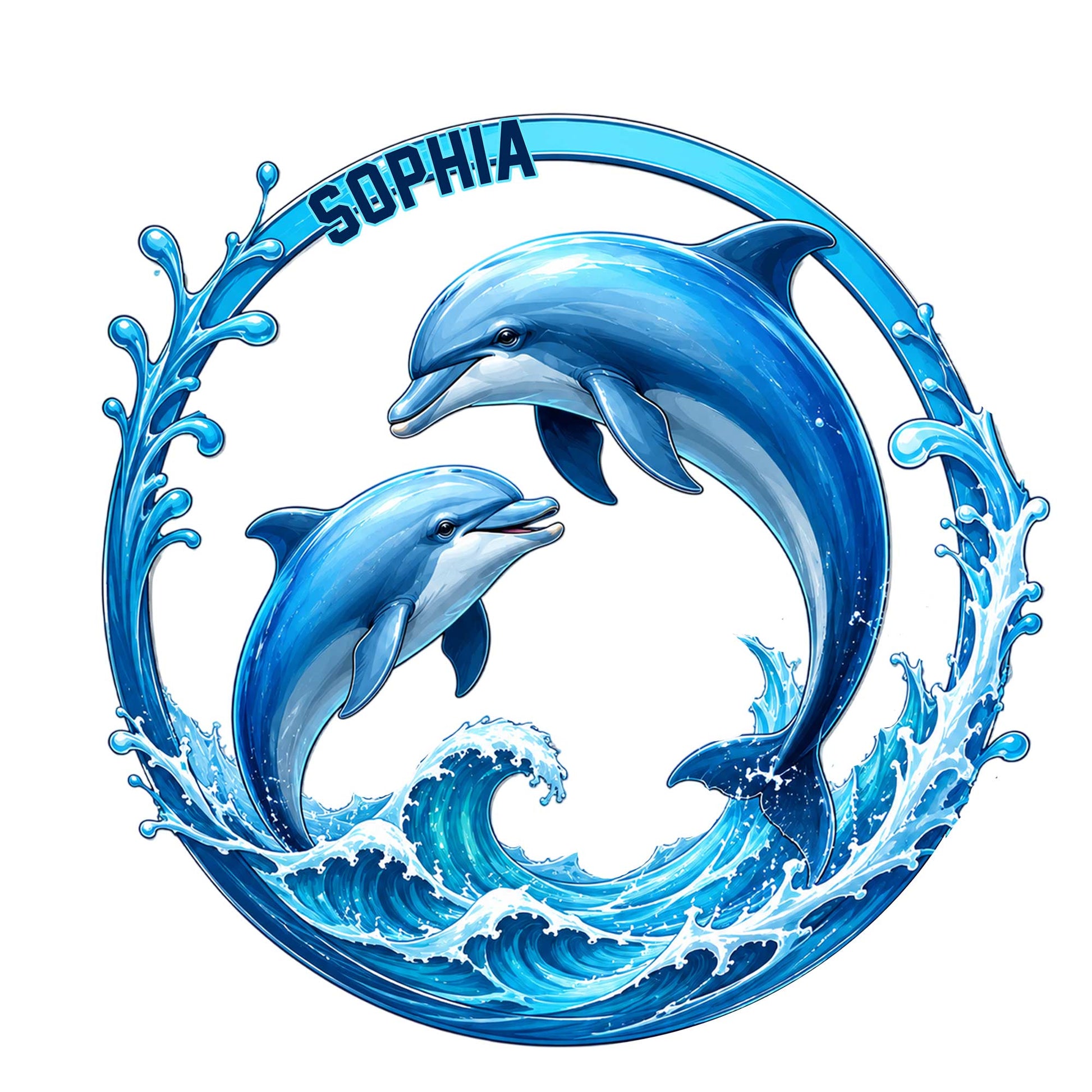 Blue dolphin metal sign featuring two dolphins leaping through ocean waves in a circular water design