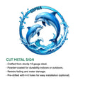 Dolphin wall sign artwork shown with a cut metal sign feature graphic and ocean wave design