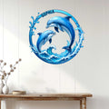 Dolphin metal wall decor displayed on a light wood-paneled wall above a console table