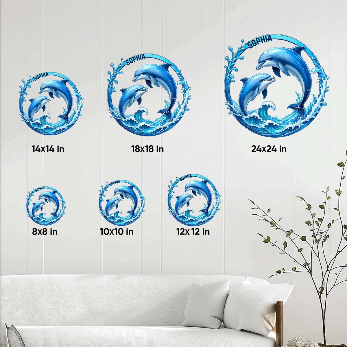 Dolphin metal sign size guide showing available square sizes from 8 by 8 to 24 by 24 inches