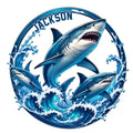 Custom shark metal sign featuring three sharks bursting through vivid blue ocean waves