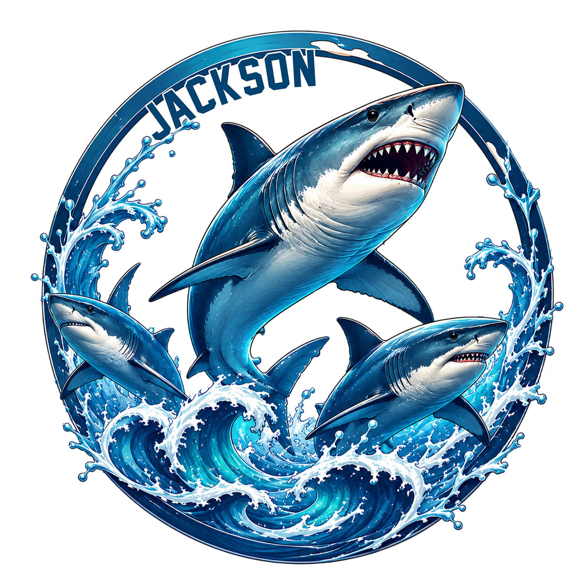 Custom shark metal sign featuring three sharks bursting through vivid blue ocean waves