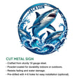 Shark metal sign artwork with three sharks, crashing waves, and cut metal sign features