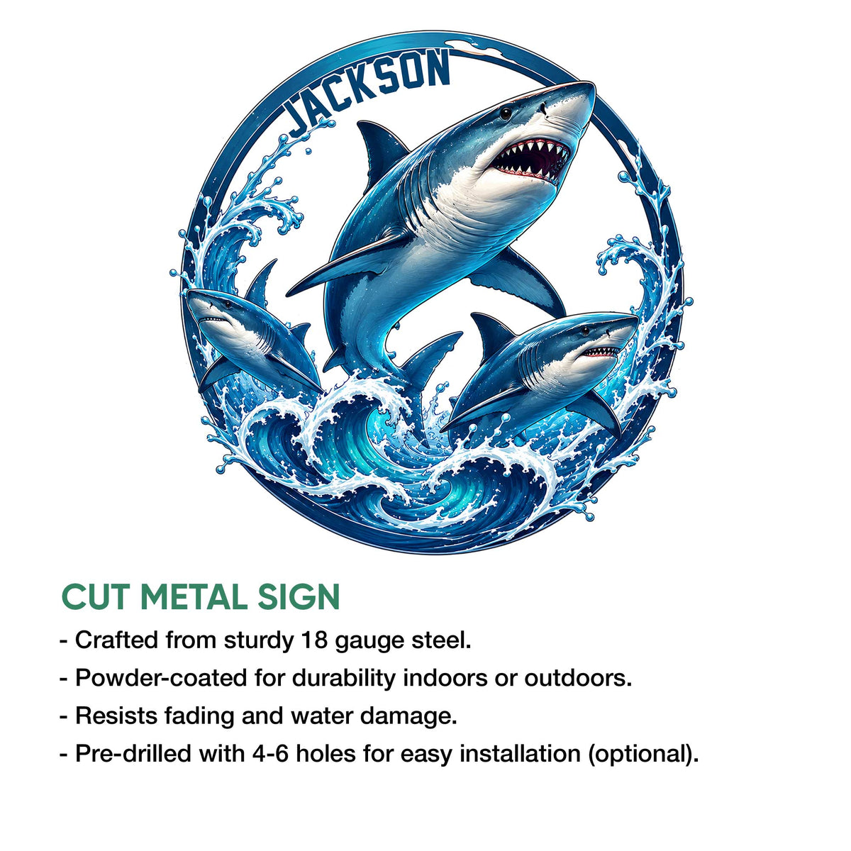 Shark metal sign artwork with three sharks, crashing waves, and cut metal sign features