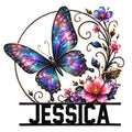 Colorful butterfly metal sign surrounded by vibrant flowers, curling vines, and jewel-toned stained-glass style wings