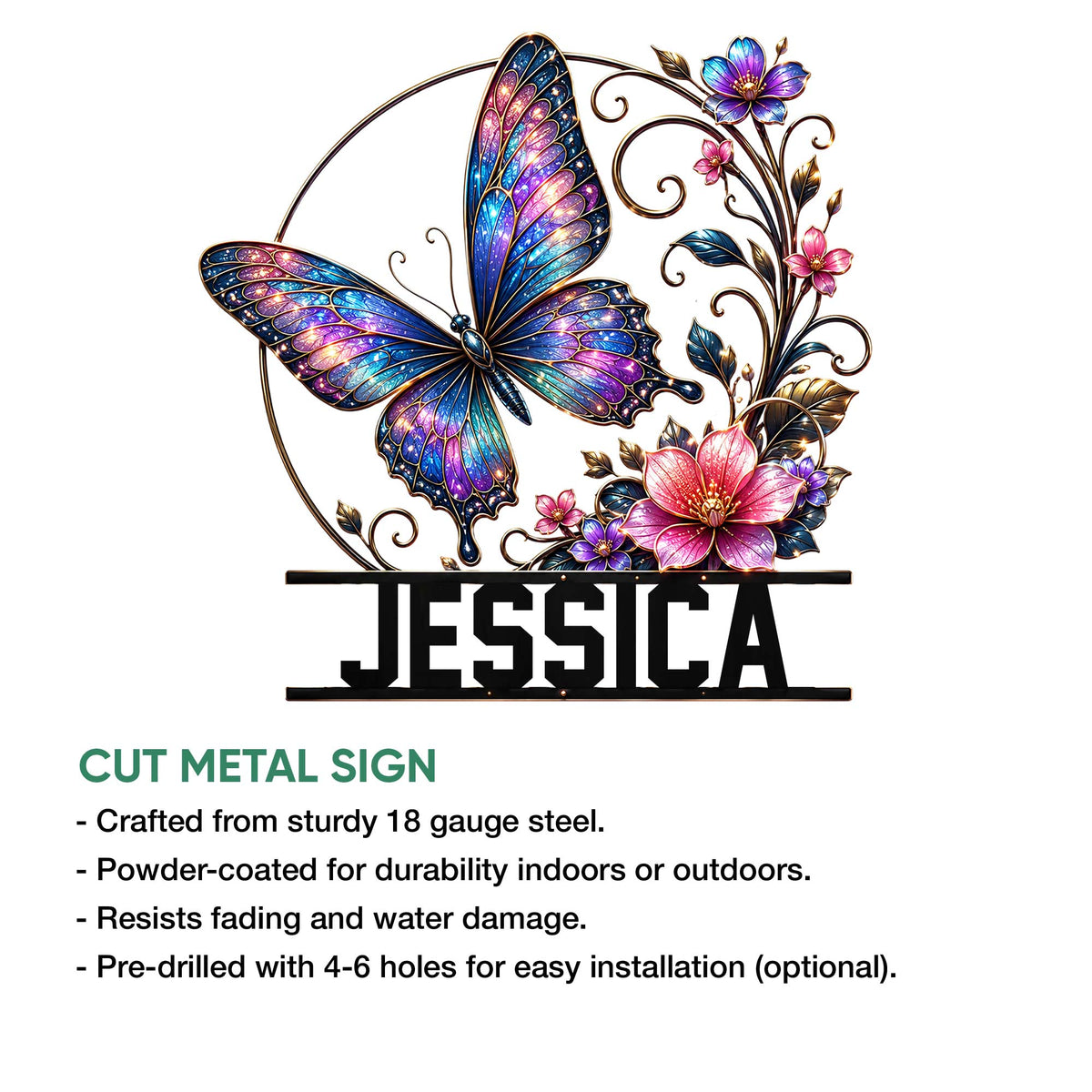 Floral butterfly metal sign shown with a decorative cut-metal design and vivid blue, purple, and pink artwork