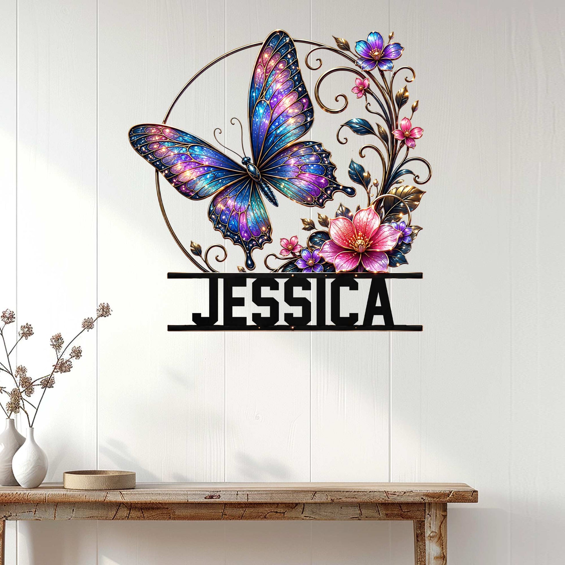 Colorful butterfly wall sign displayed on a light paneled wall above a console table in a bright home