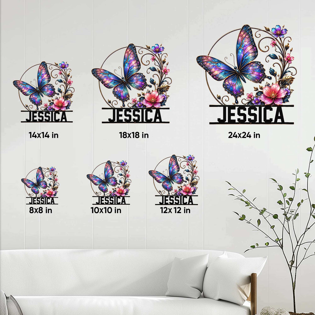 Butterfly floral metal sign size guide showing available dimensions from 8x8 inches through 24x24 inches
