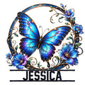 Blue butterfly metal sign surrounded by vivid flowers, leafy vines, and elegant ornamental details