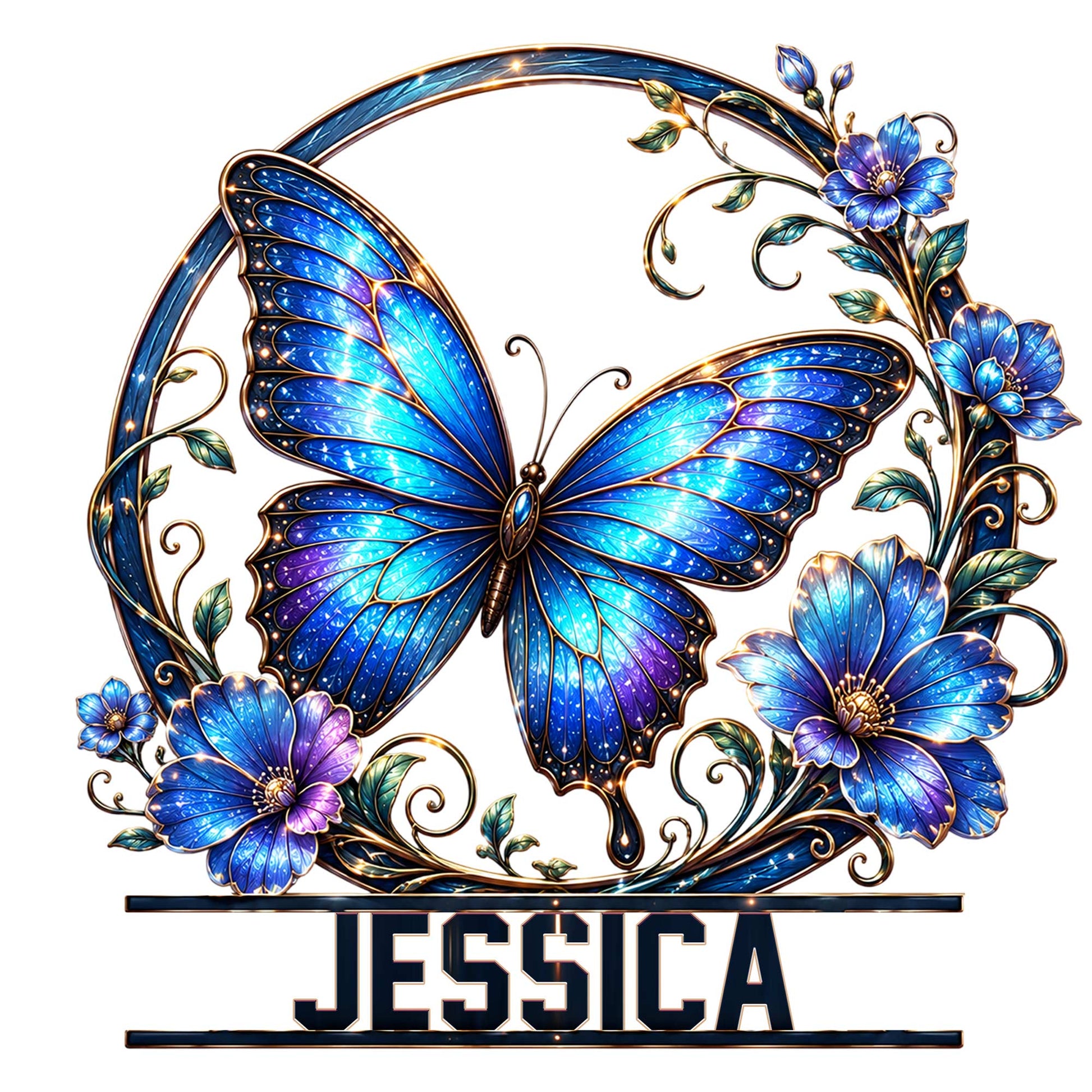 Blue butterfly metal sign surrounded by vivid flowers, leafy vines, and elegant ornamental details
