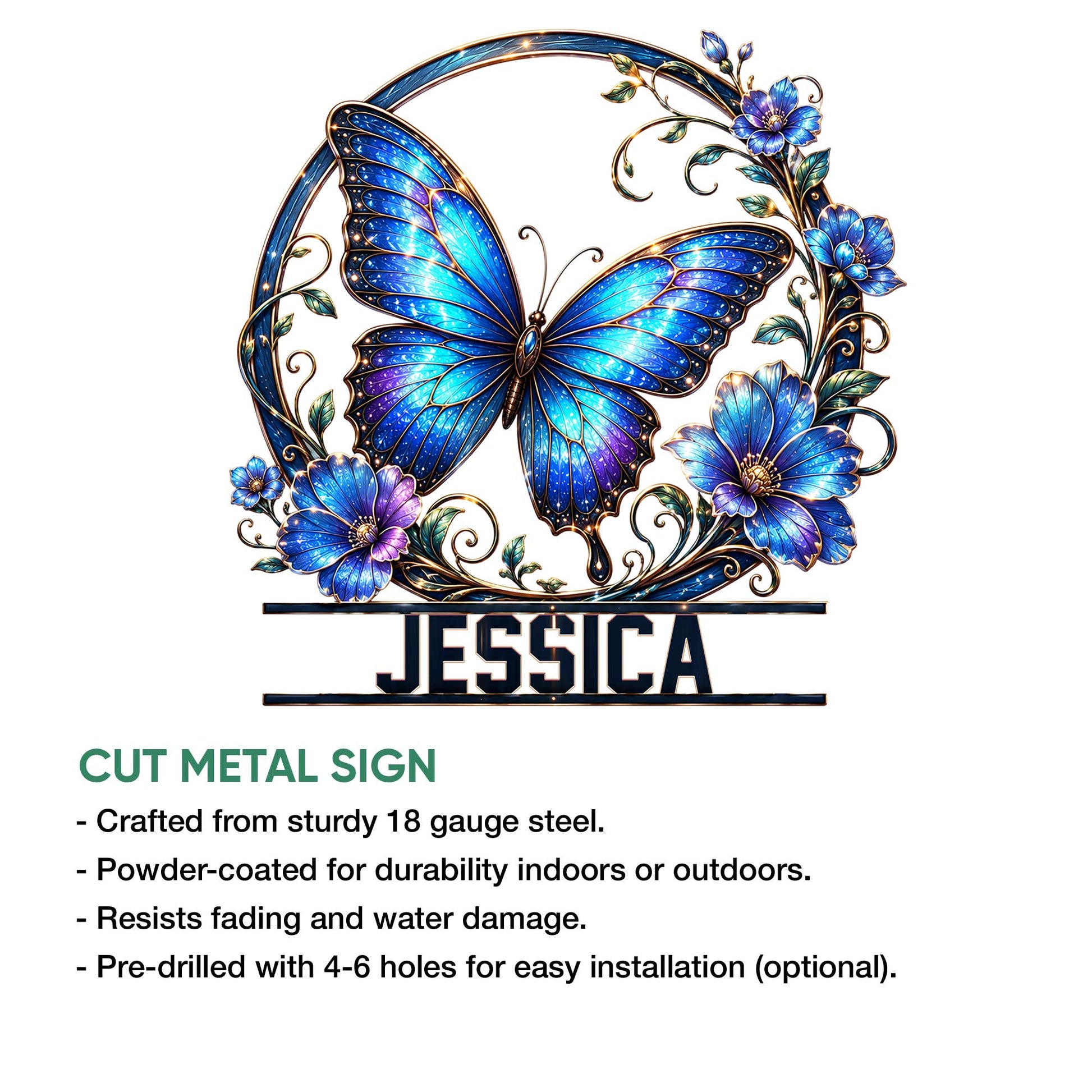 Decorative butterfly metal sign with brilliant blue wings, floral accents, and a graceful botanical frame