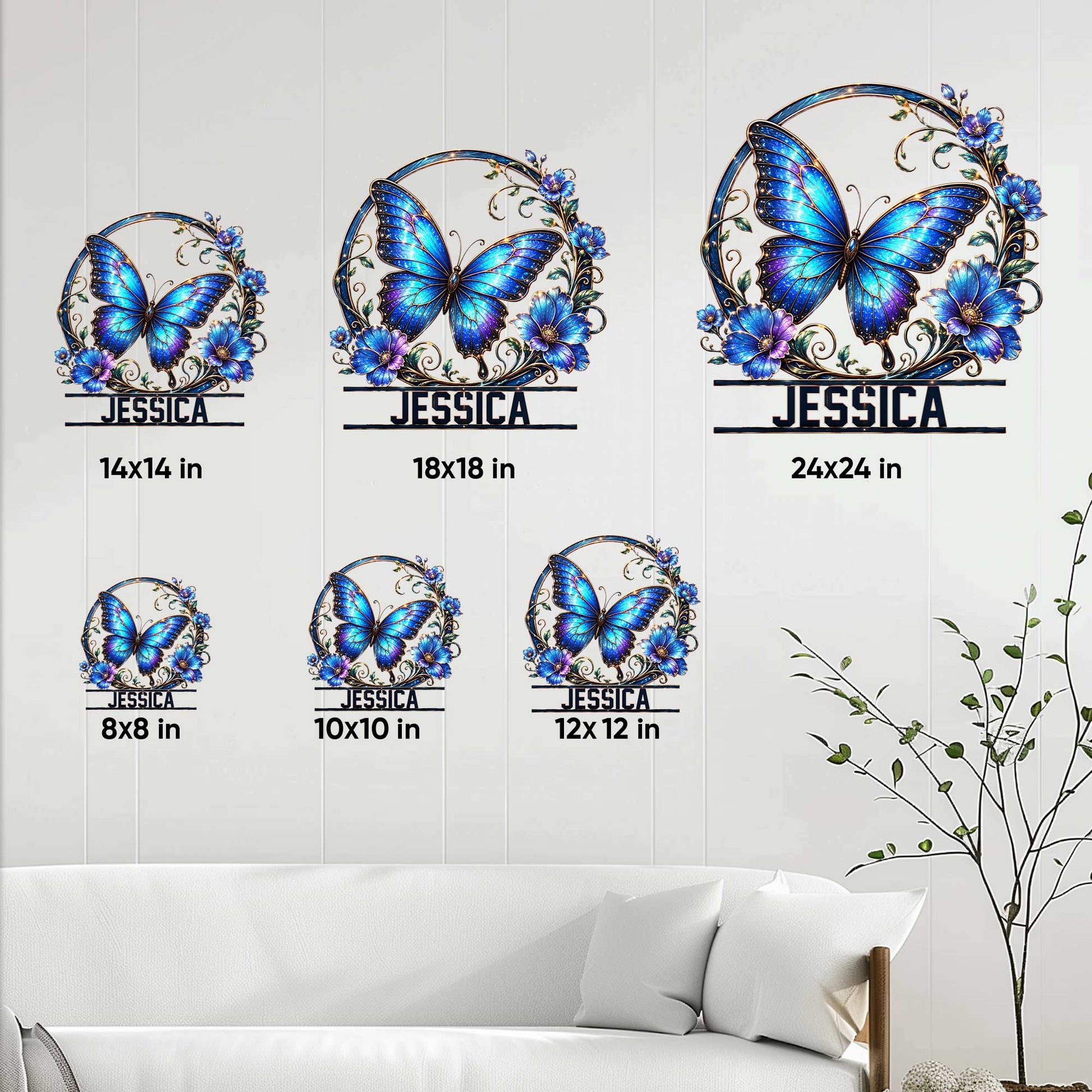 Butterfly metal sign size guide showing 8, 10, 12, 14, 18, and 24 inch options