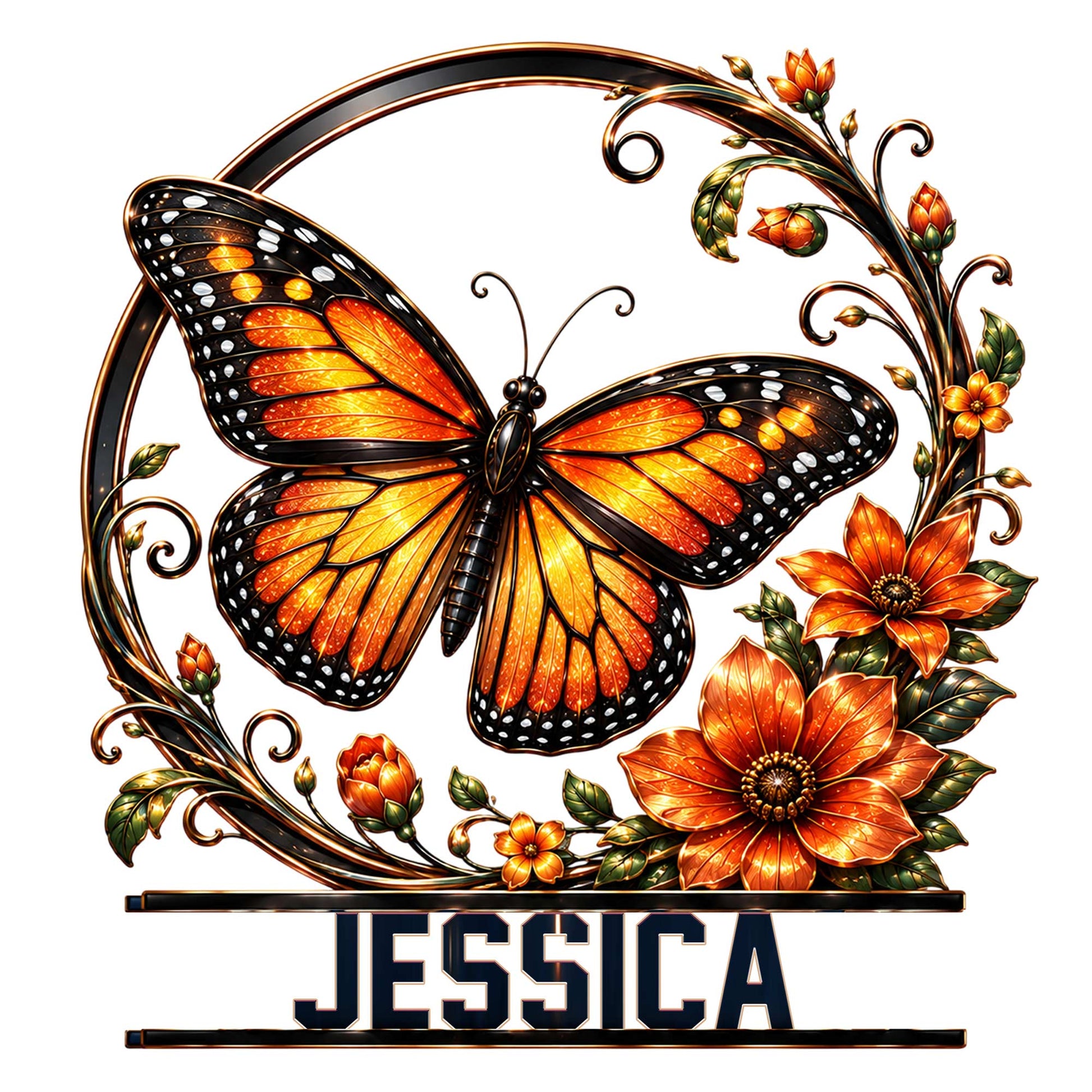 Ornate orange butterfly metal sign surrounded by curling vines and bright floral accents