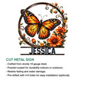 Detailed butterfly metal sign shown with vivid orange wings, flowers, and decorative botanical framing