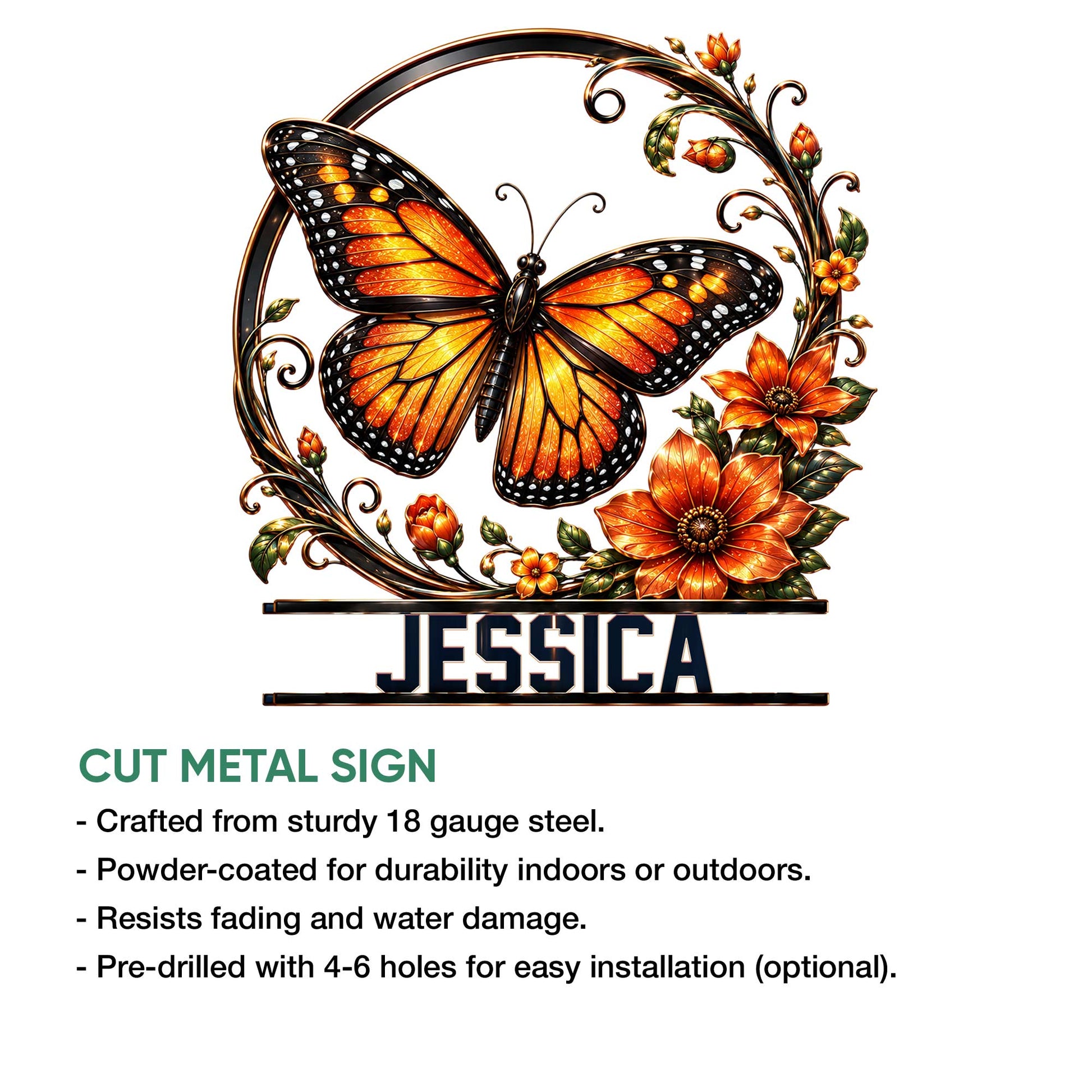 Detailed butterfly metal sign shown with vivid orange wings, flowers, and decorative botanical framing