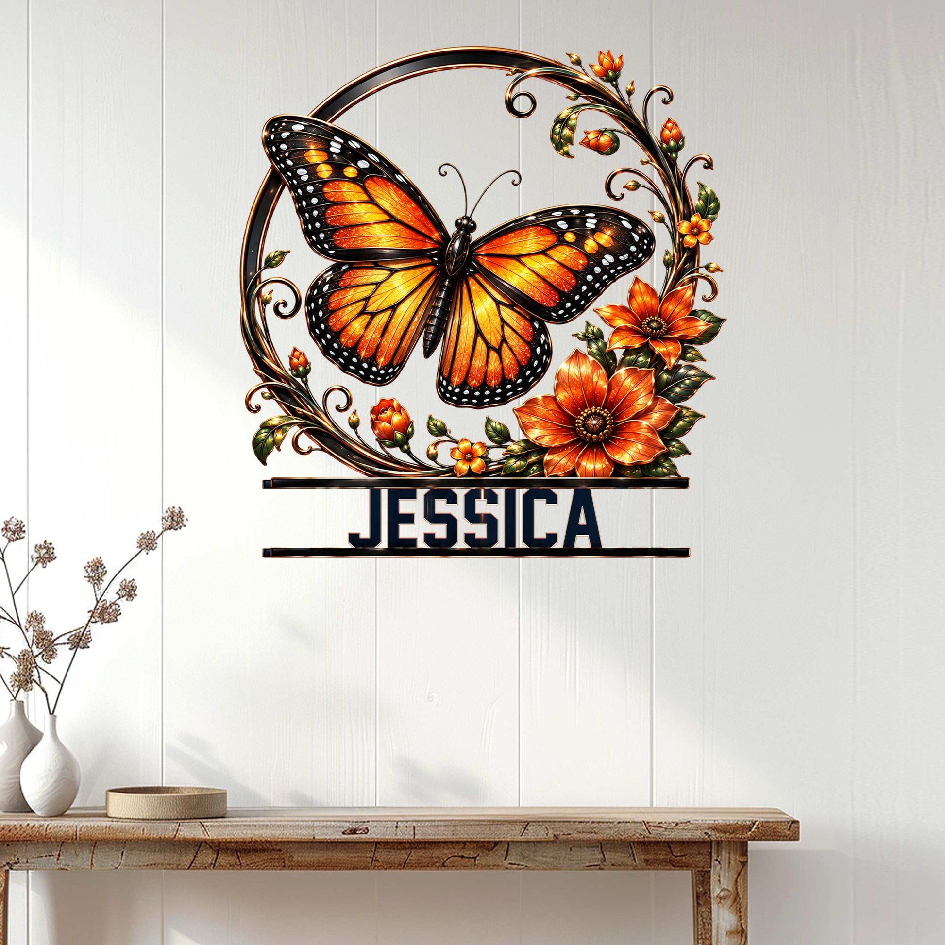 Floral butterfly metal wall sign displayed on a light paneled wall in a welcoming home