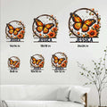Butterfly metal sign size guide showing multiple square dimensions in a living room setting