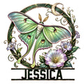Ornate green moth metal sign surrounded by flowers, vines, a crescent moon, and decorative stars