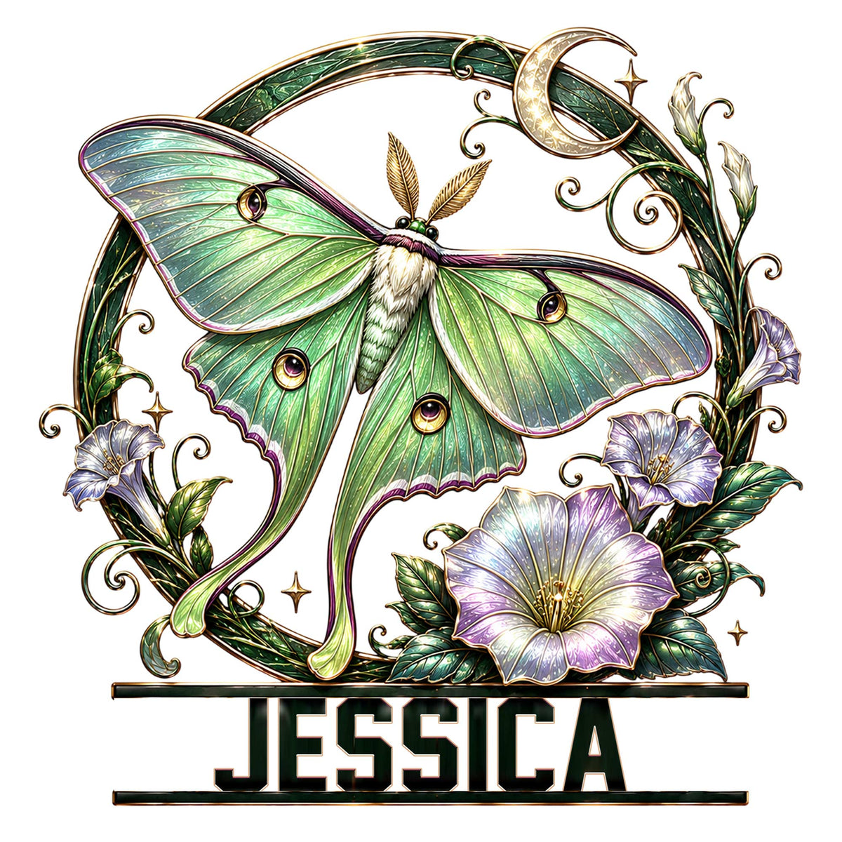 Ornate green moth metal sign surrounded by flowers, vines, a crescent moon, and decorative stars