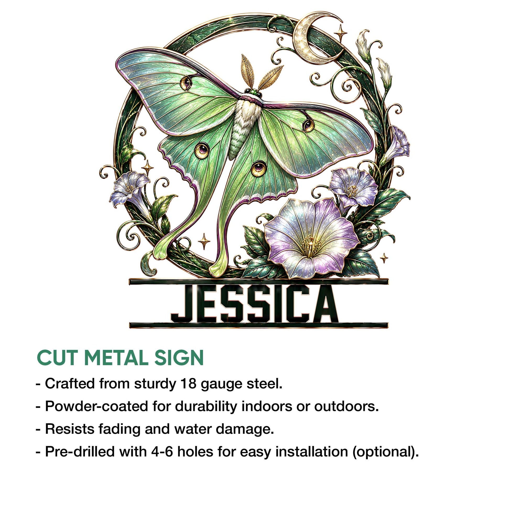 Green moth cut metal sign with botanical details, crescent moon, floral accents, and decorative finish