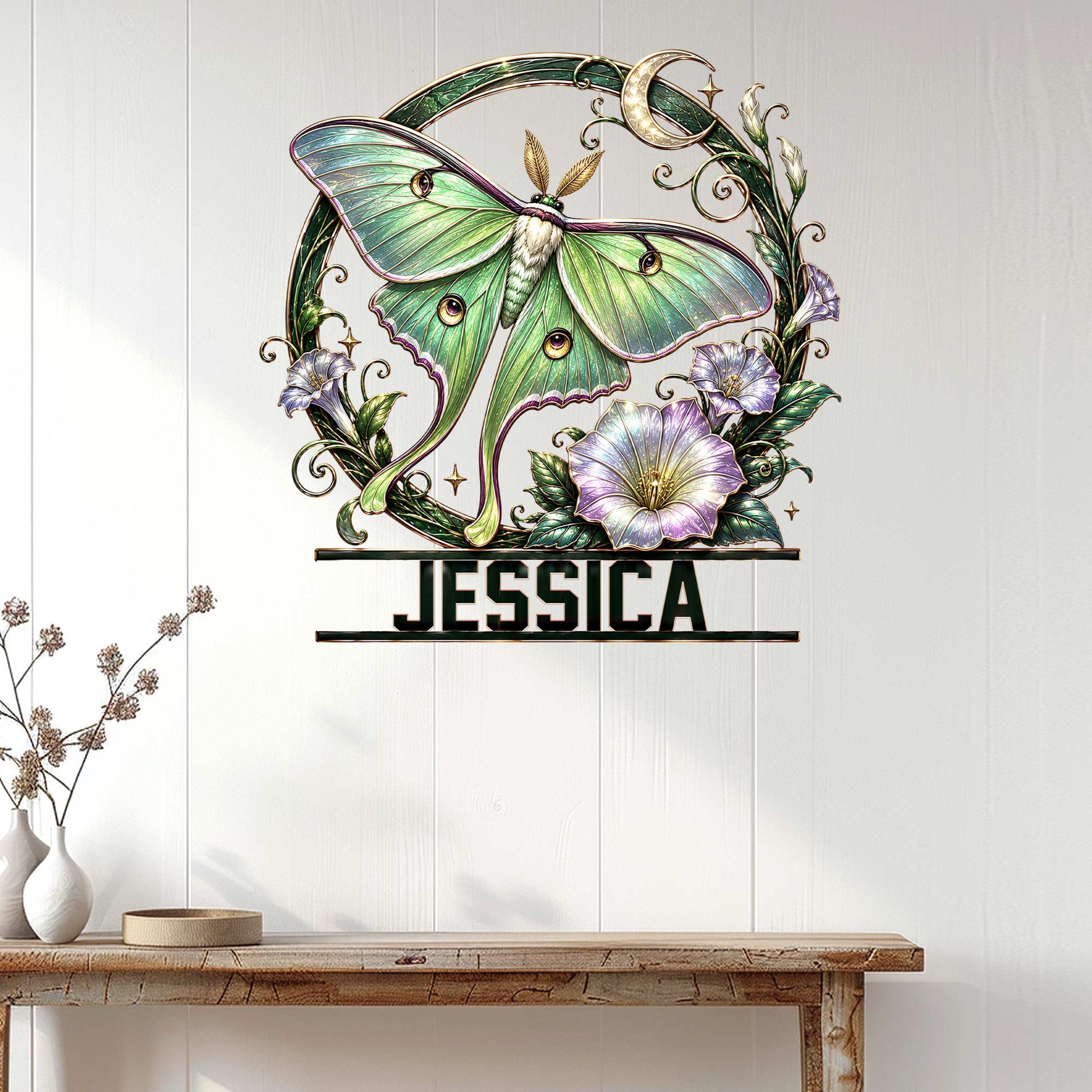 Green moth wall sign displayed on a bright paneled wall above a console table