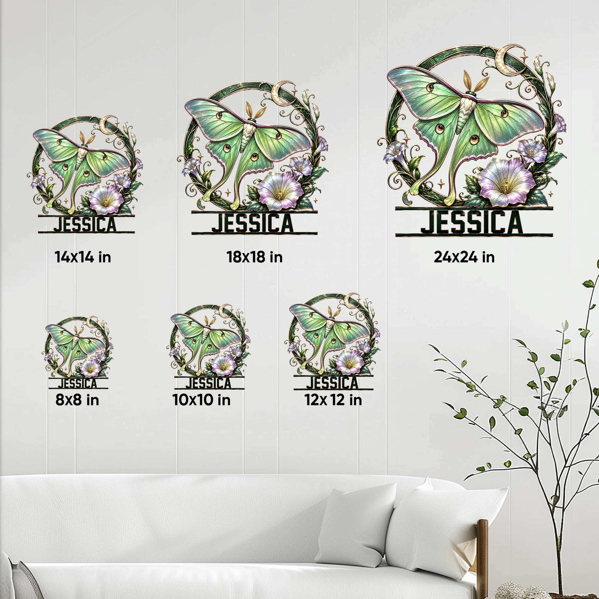Moth metal sign size guide showing available 8x8, 10x10, 12x12, 14x14, 18x18, and 24x24 inch options