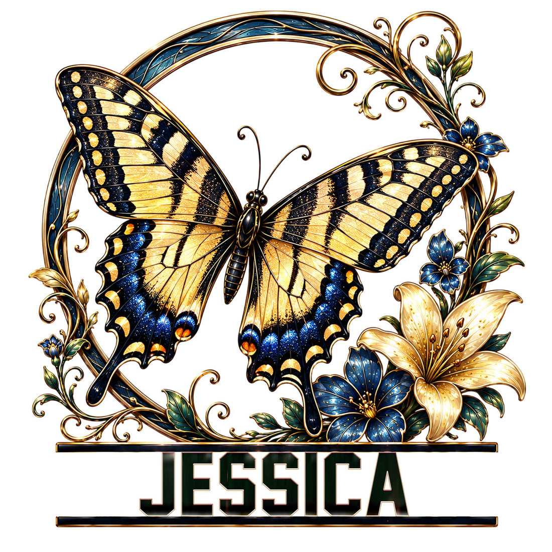 Ornate butterfly metal sign with blue and gold wings, floral vines, lilies, and a custom design
