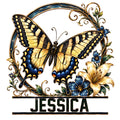 Ornate butterfly metal sign with blue and gold wings, floral vines, lilies, and a custom design