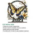 Butterfly floral metal sign feature graphic showing the ornate garden-inspired artwork and cut metal style