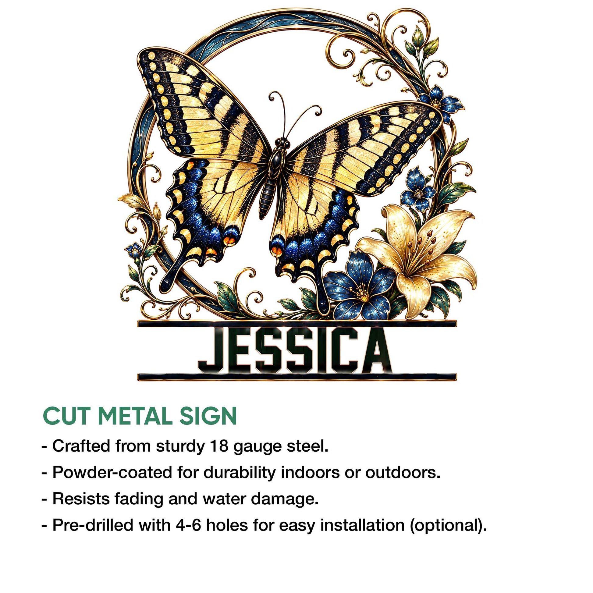 Butterfly floral metal sign feature graphic showing the ornate garden-inspired artwork and cut metal style