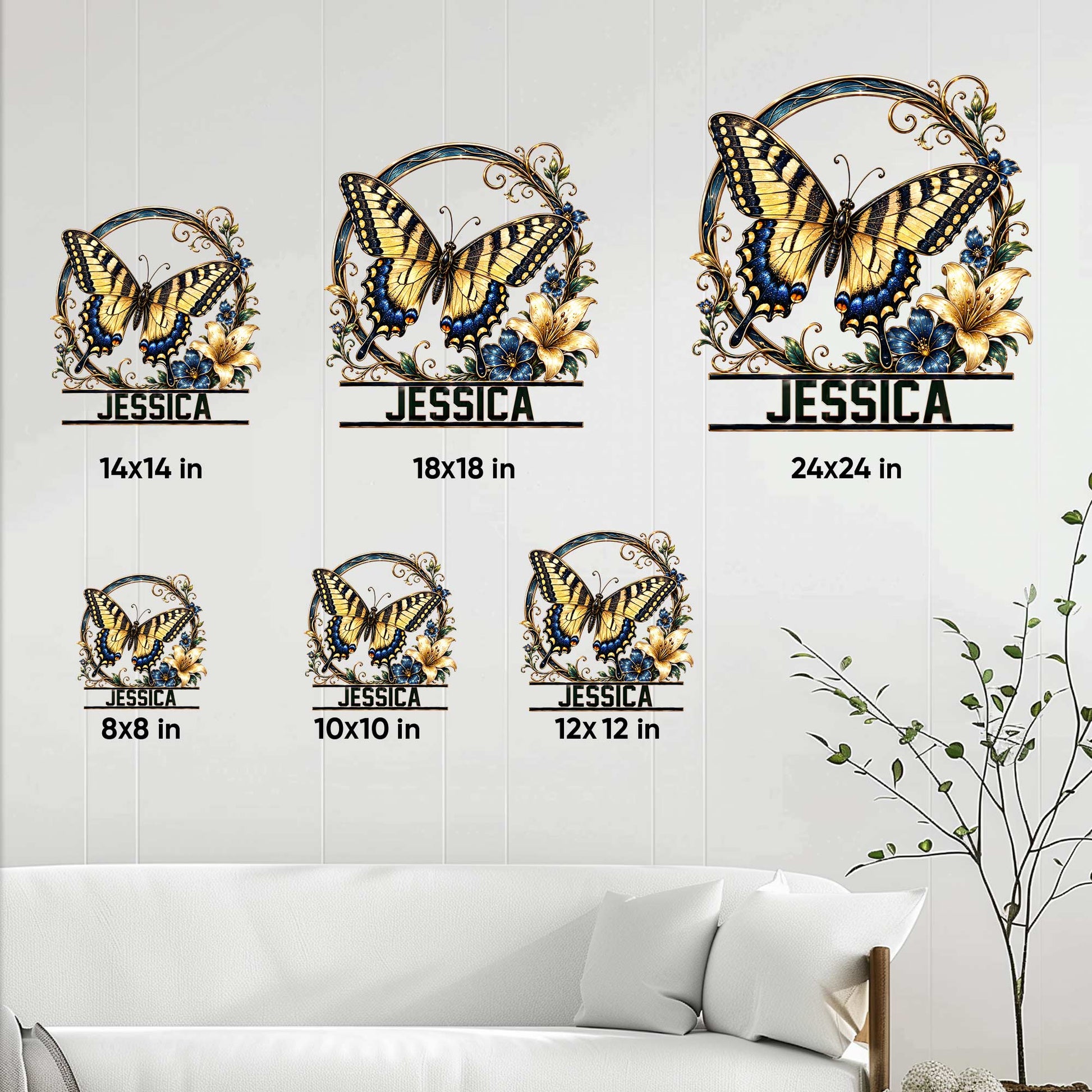 Butterfly metal sign size guide showing available square sizes from 8x8 inches through 24x24 inches