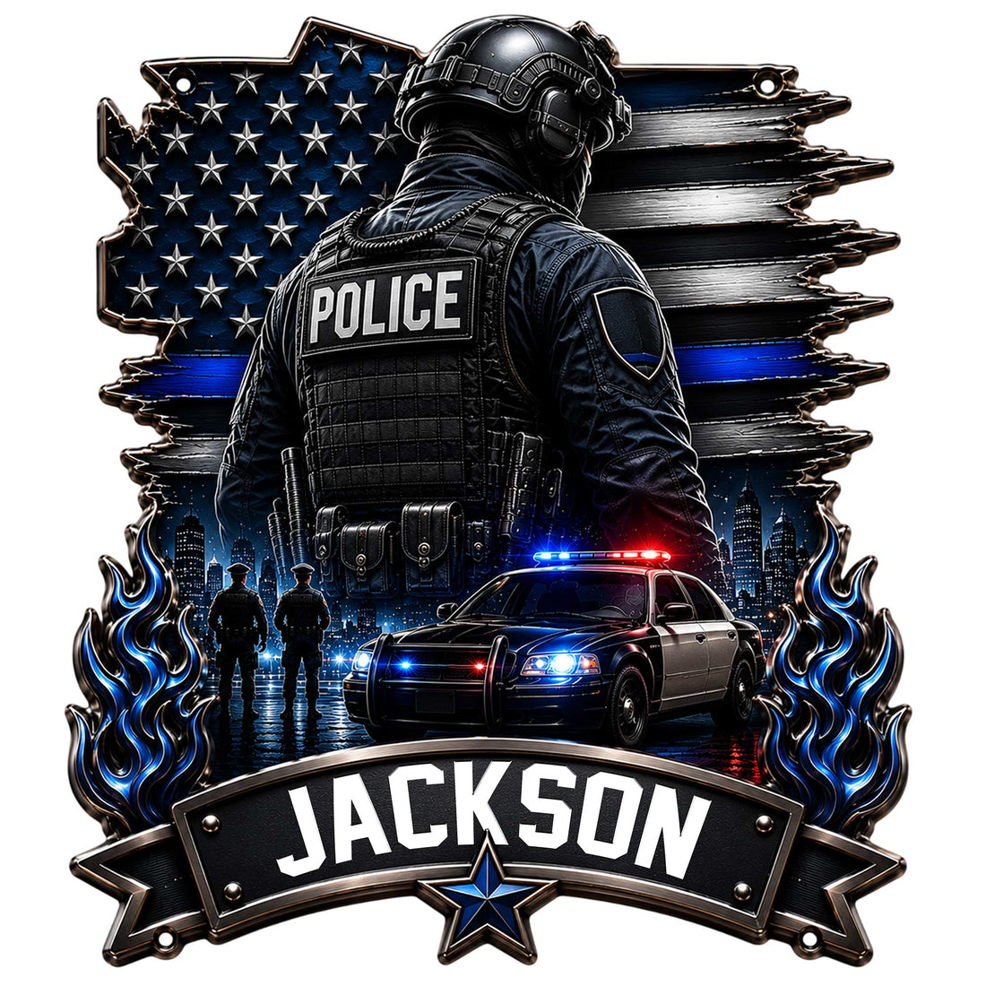 Custom police metal sign featuring an armored officer, blue line flag, patrol car, city skyline, and blue flames