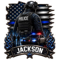 Custom police metal sign featuring an armored officer, blue line flag, patrol car, city skyline, and blue flames