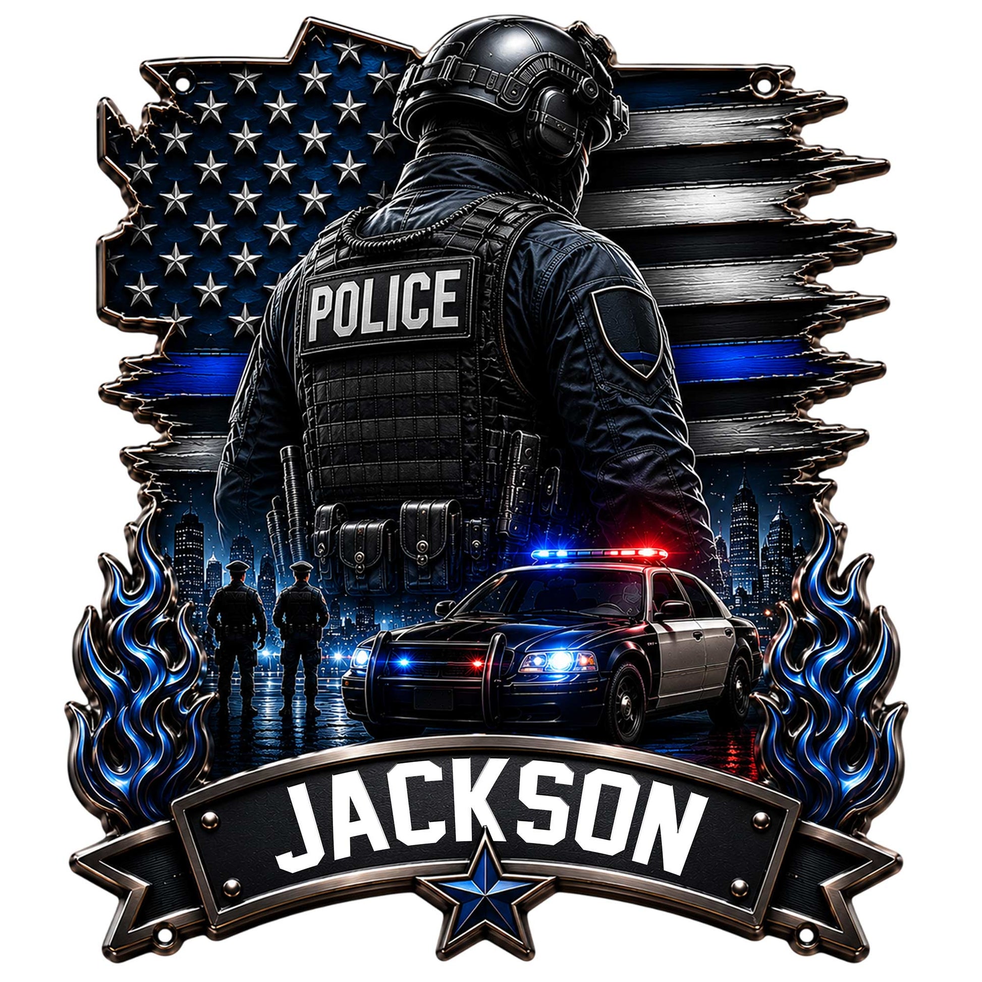 Custom police metal sign featuring an armored officer, blue line flag, patrol car, city skyline, and blue flames