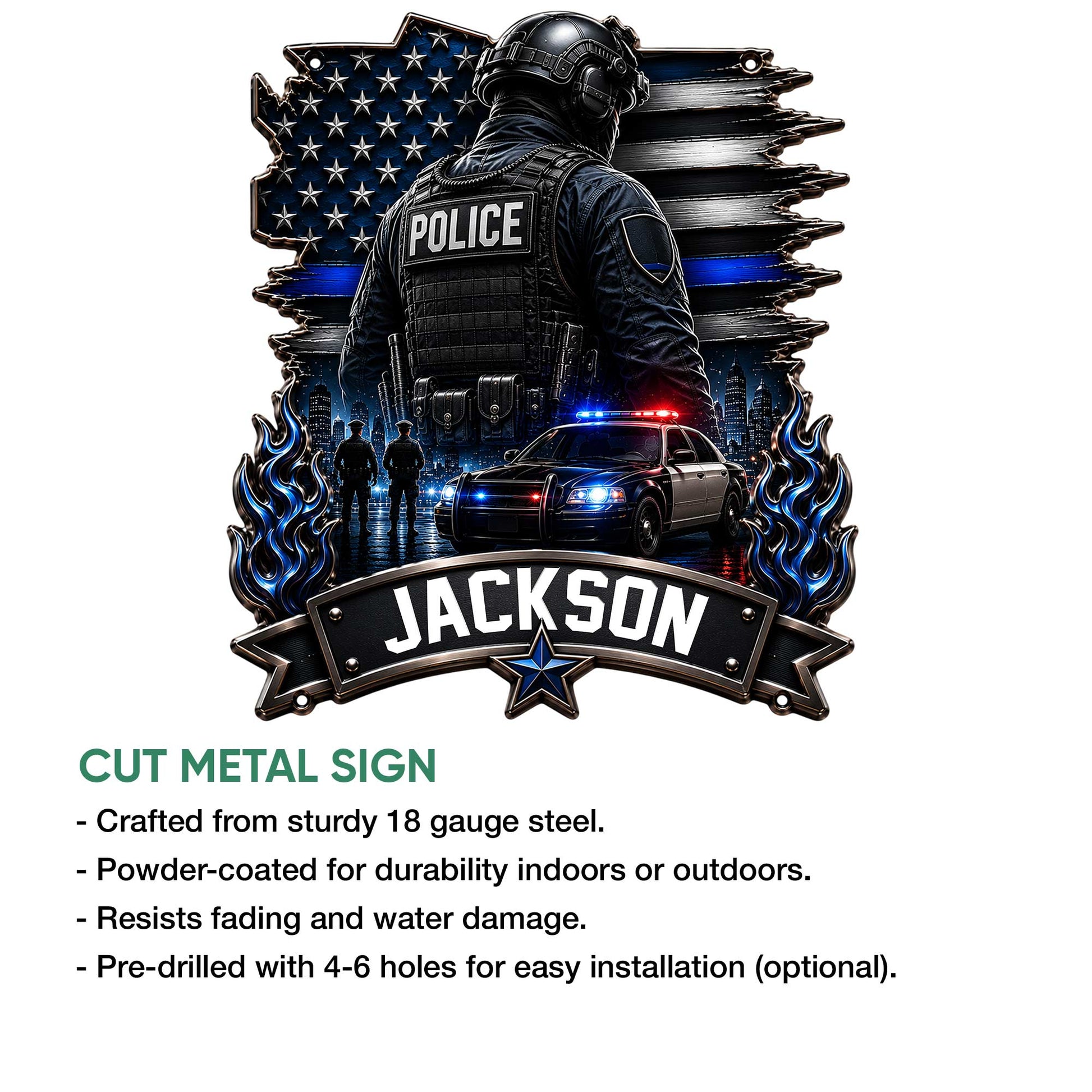 Police cut metal sign feature graphic showing the detailed officer artwork and available sign design