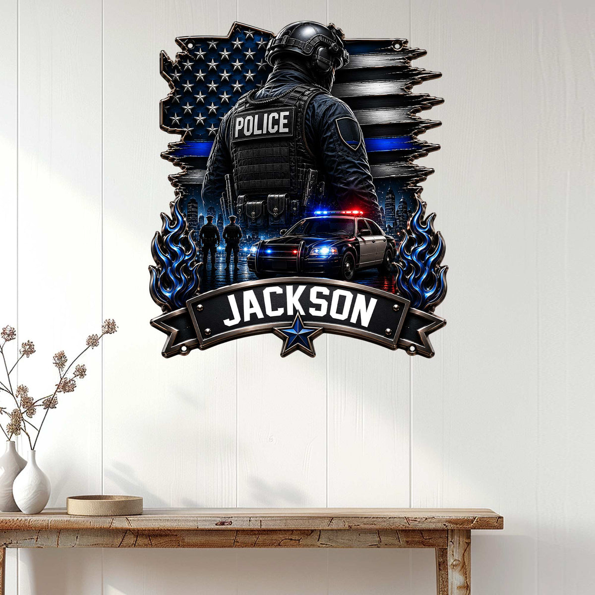 Police officer metal wall sign displayed on a light wood wall in a modern home interior