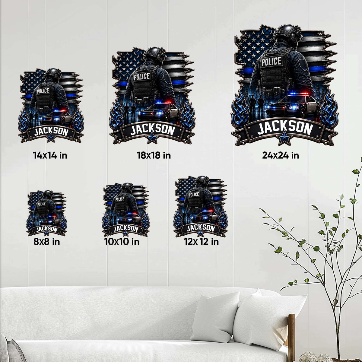 Police metal sign size guide showing six available sizes from 8 by 8 inches to 24 by 24 inches