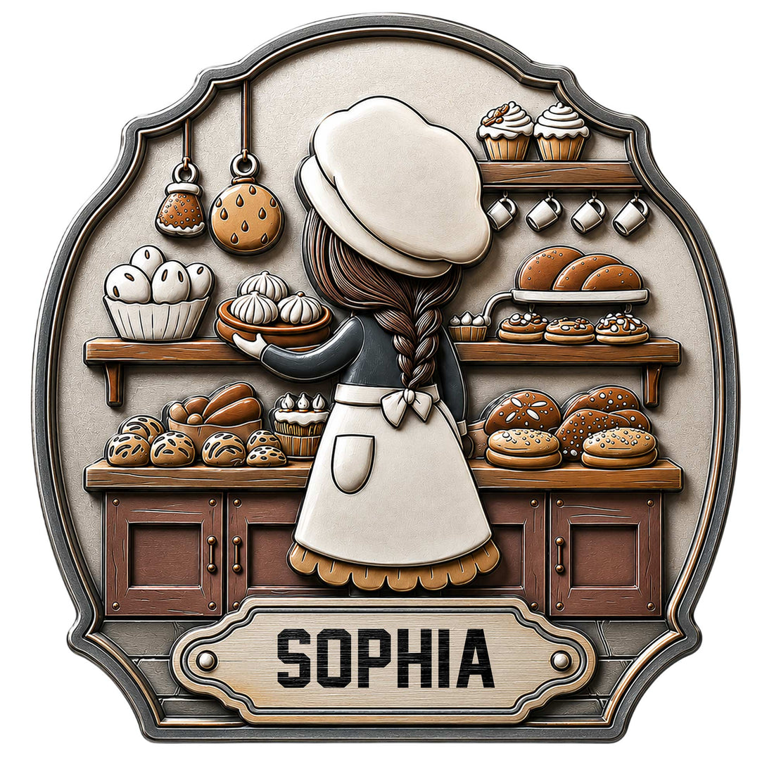 Baker metal sign featuring a pastry chef surrounded by breads, cupcakes, cookies, and baking shelves