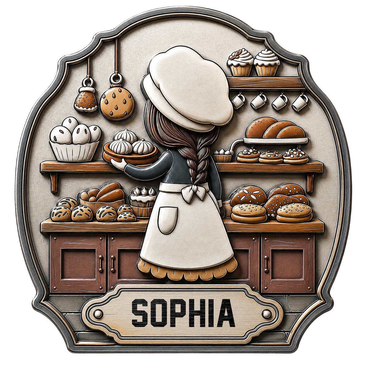 Baker metal sign featuring a pastry chef surrounded by breads, cupcakes, cookies, and baking shelves