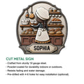 Baking wall sign product feature graphic showing a pastry chef design and cut metal sign details
