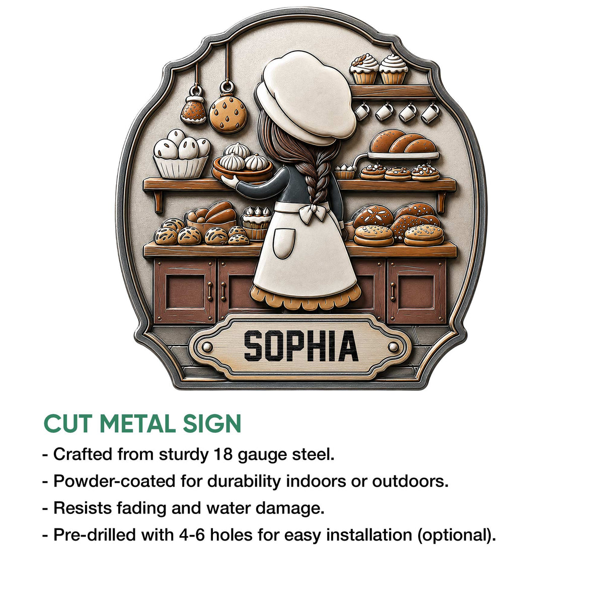 Baking wall sign product feature graphic showing a pastry chef design and cut metal sign details