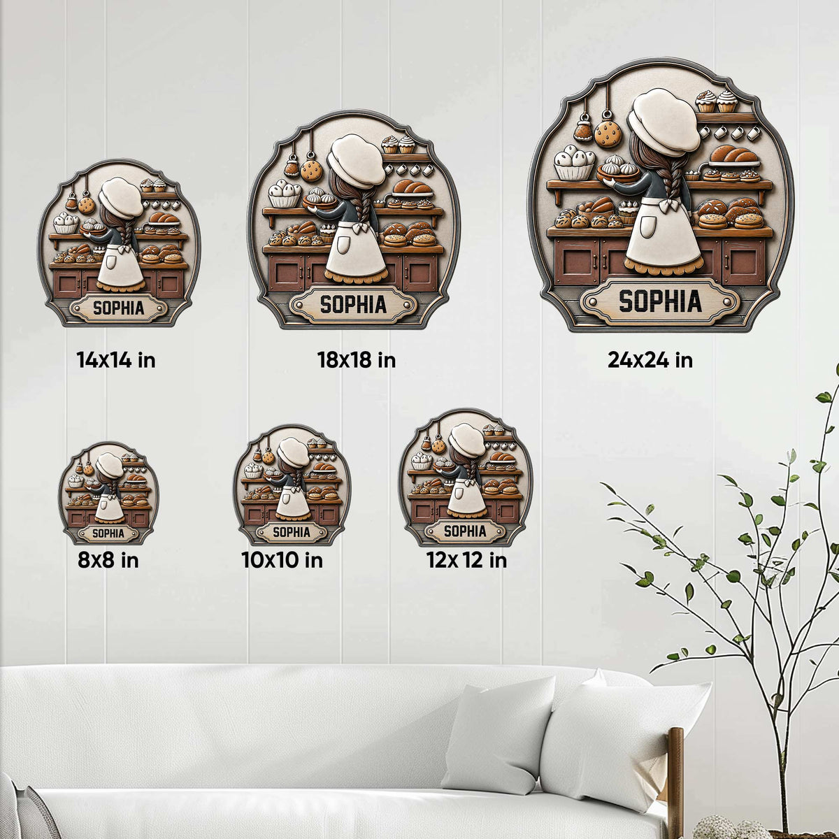 Baker metal sign size guide showing available square sizes from 8x8 to 24x24 inches
